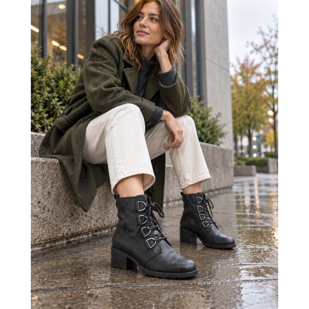 Sorel Cate Lace Waterproof Leather Ankle Boots D-Ring Block Heel Lug Black 6.5